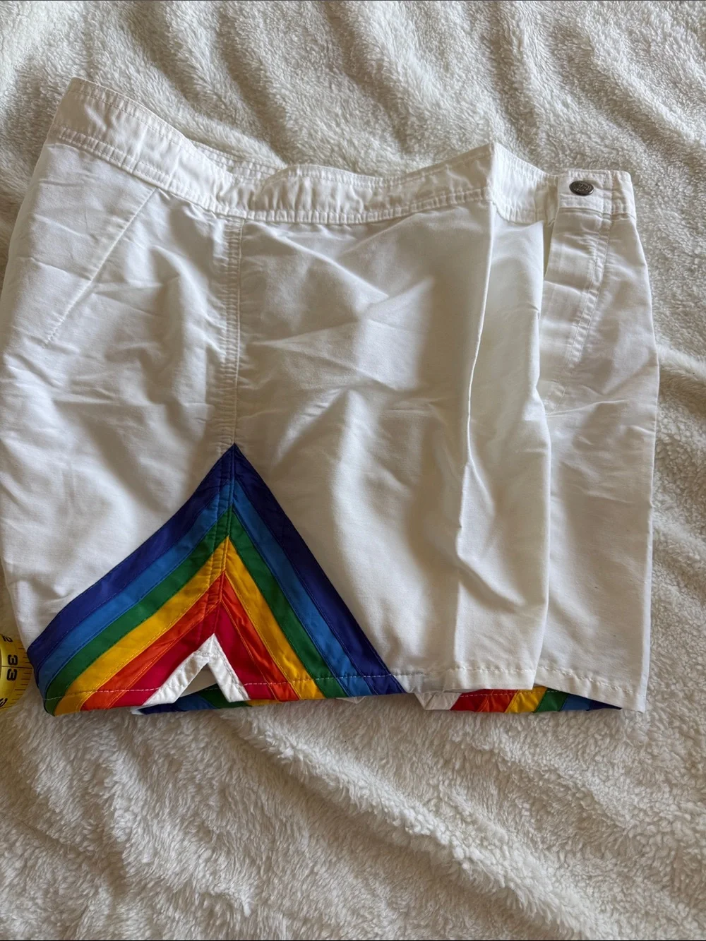 Retro White Men’s swim Shorts with Rainbow Chevron Accent
